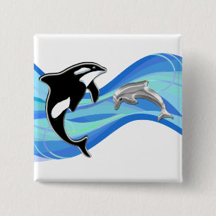 Schwertwal und Delphin in den Wellen Button