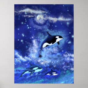 Schwertwale auf Blau Vollmond Poster Malerei