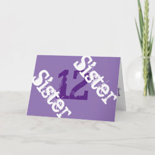 Schwester, 12. Geburtstag, weiß auf lila. Karte