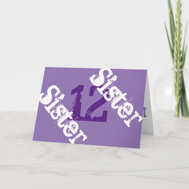 Schwester, 12. Geburtstag, weiß auf lila. Karte (Vorderseite)