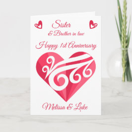 Schwester 1. Hochzeit Jubiläum rosa Herz Karte