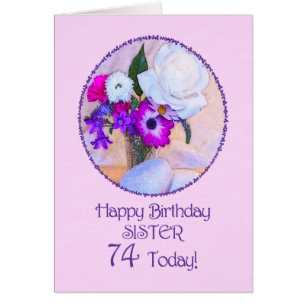 Schwester, 74. Geburtstag mit bemalten Blume.