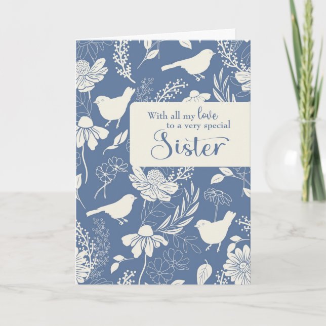Schwester Birthday Blaue Vögel und Blüten Karte (Vorderseite)