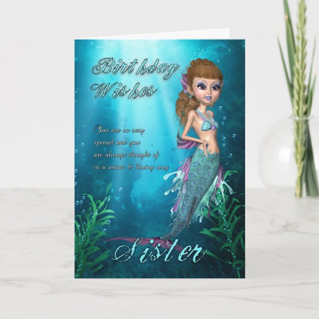 Schwester Birthday Card mit Niedlicher Meerjungfra Karte (Vorderseite)