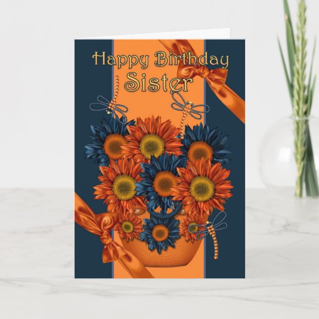 Schwester Birthday Card - Sonnenblume und Libelle Karte (Vorderseite)