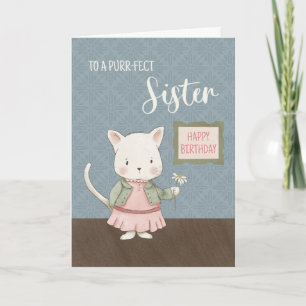 Schwester Birthday Kitty in einer Dress Holding-Bl Karte