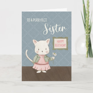 Schwester Birthday Kitty in einer Dress Holding-Bl Karte