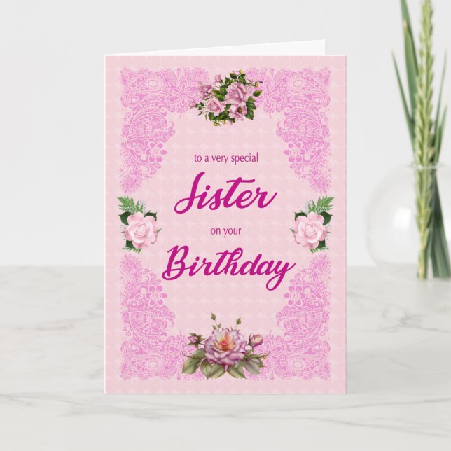 Schwester Birthday mit rosa Roses Card Karte (Vorderseite)