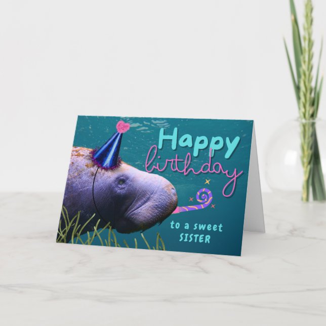 Schwester Birthday Niedlich Manatee im Party Karte (Vorderseite)