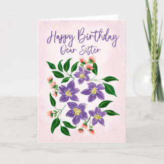 Schwester Birthday Painterly Purple Blumen und Pin Dankeskarte