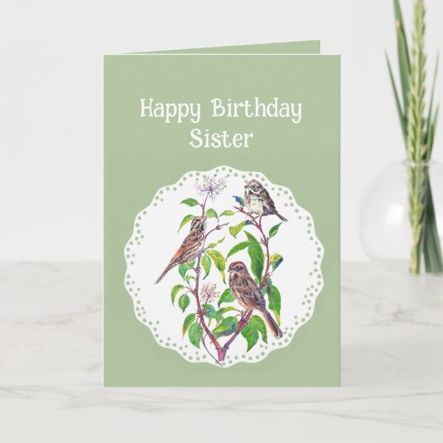 Schwester Birthday Song Sparrows, Niedliche Vogelk Karte (Vorderseite)