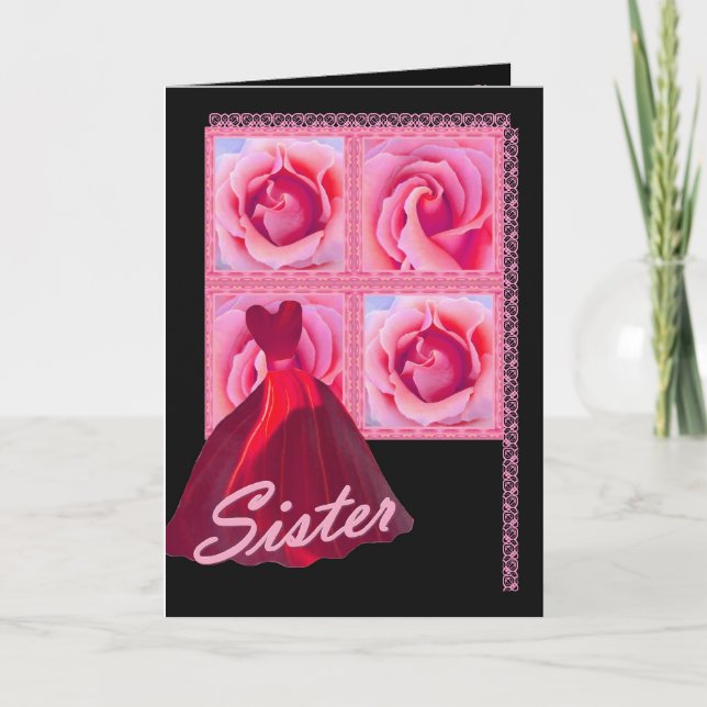 SCHWESTER - Brautjungfer - rotes Kleid, rosa Rosen Einladung (Vorderseite)