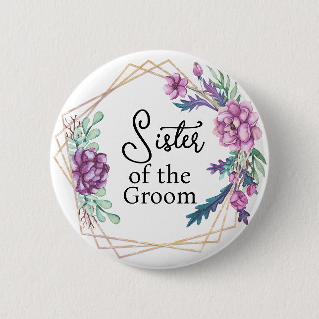 Schwester des Bräutigams Lila Blumen Hochzeit  Button (Vorderseite)