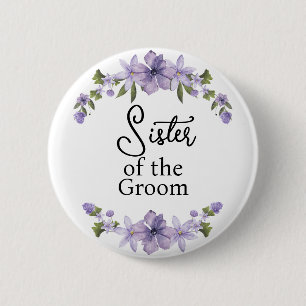 Schwester des Bräutigams Lila Blumen Hochzeit Button
