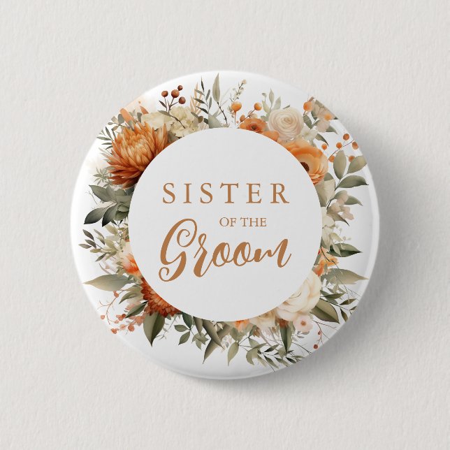 Schwester des Groom Burnt Orange Fall Floral Button (Vorderseite)