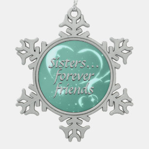 Schwester-für immer Freund-Liebe-Aqua-Grün-Herzen Schneeflocken Zinn-Ornament