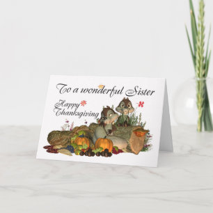 Schwester, Niedliche Erntedank-Karte mit Cornucopi Feiertagskarte