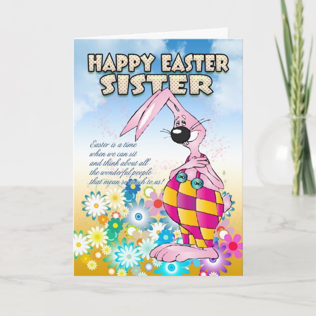 Schwester-Ostern-Karte - Osterhasen-Blumen Feiertagskarte (Vorderseite)
