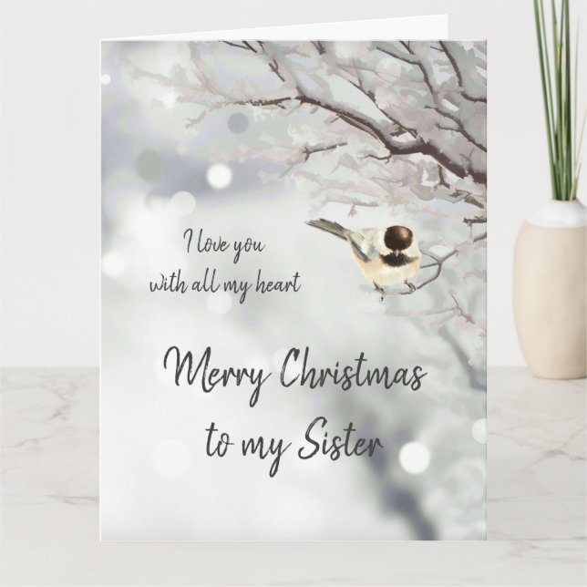 Schwester Weihnachten Liebe mein Herz Chickadee Bi Karte (Vorderseite)