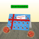 Schwester Weihnachtssantas und Robinen Feiertagskarte<br><div class="desc">Eine niedliche Karte für Ihre Schwester im Stil eines Weihnachtspakets mit rotem Band. Das Design zeichnet sich durch einen hellblauen Hintergrund mit Robinen, santa-Claus-Figuren und verstreuten Schneeflocken aus. Der Gruß ist "Glückliche WeihnachtsSchwester", geschrieben auf dem 'Geschenketikett' in das 'Band' stecken. Im Inneren lautet der Text "Einen frohen Weihnachten und ein...</div>
