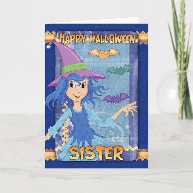 Schwesterhalloween-Grußkarte mit kleiner Hexe Karte (Vorderseite)