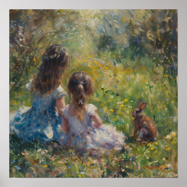 Schwestern auf der Wiese mit Kaninchen A. I. Maler Poster (Vorne)