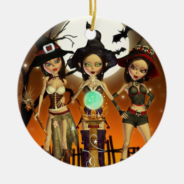 Schwestern Drei Hexen Halloween Runde Ornament (Vorne)