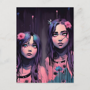 Schwestern mit Lila haarrosa Blume Postkarte