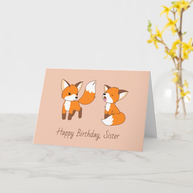 Schwestern zum Geburtstag - Kleine Füchse Karte (Gelbe Blume)