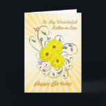 Schwiegermutter, Geburtstag mit gelben Blumen Karte<br><div class="desc">Eine herrliche Geburtstagskarte mit gelben Gänseblümchen-Blumen über einem vibrierenden wirbelnden Hintergrund.</div>
