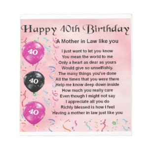 Schwiegermutter-Gedicht - 40. Geburtstag Notizblock