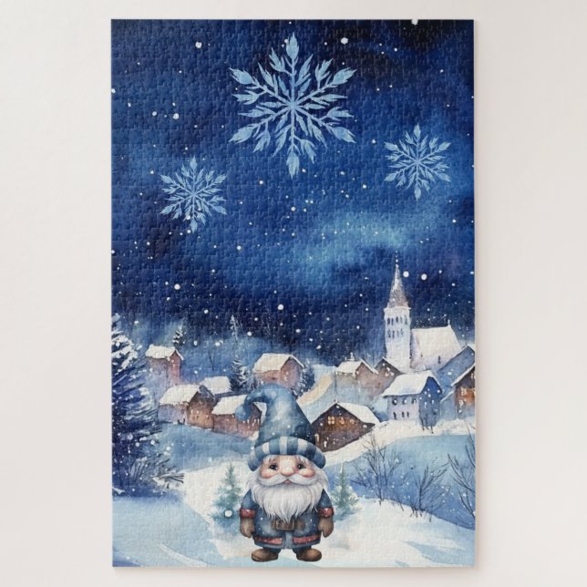 Schwieriges Blue Winter Weihnachtsdorf & Gnome (Vertikal)