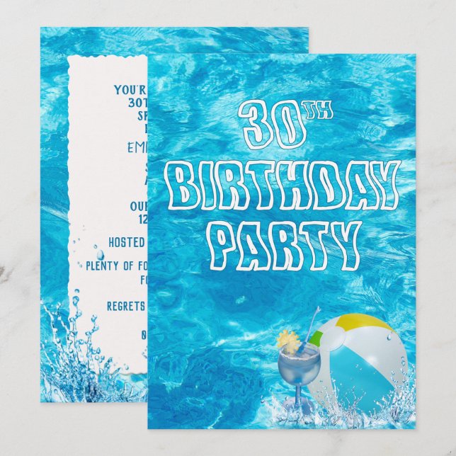 Schwimmbad 30. Geburtstag Party laden ein Einladung (Vorne/Hinten)