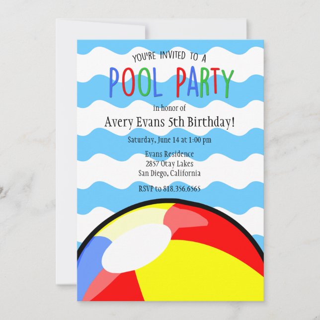 Schwimmbad Party Beach Ball Geburtstag Einladung (Vorderseite)