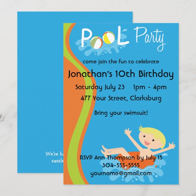 Schwimmbad Party Boy Blonde Einladung (Vorne/Hinten)