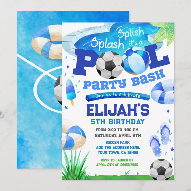 Schwimmbad Party Fußball Geburtstag Einladung (Vorne/Hinten)