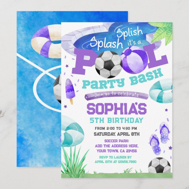 Schwimmbad Party Fußball Geburtstag Einladung (Vorne/Hinten)