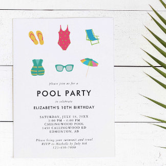 Schwimmbad Party Geburtstag Minimal Einfach Farbli Einladung