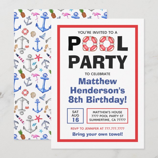 Schwimmbad Party Geburtstag Sommer Einladung (Vorne/Hinten)