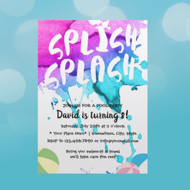 Schwimmbad Partys Aquarell Splish Splash Geburtsta Einladung (Von Creator hochgeladen)