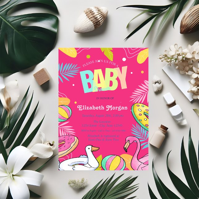 Schwimmbad Spielzeug Blätter Pink Baby Dusche Einladung (Von Creator hochgeladen)