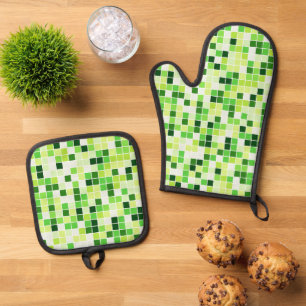 Schwimmbecken, grüne Mosaikfliesen, geometrisches Ofenhandschuh & Topflappen-Set