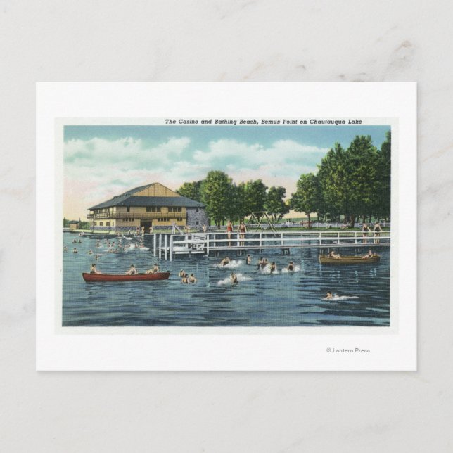Schwimmen am Strand von Bemus Point und im Casino Postkarte (Vorderseite)