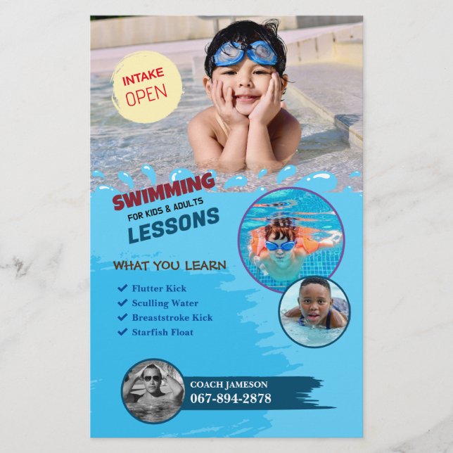 Schwimmen Lektionen Bearbeitbarer Flyer (Vorne)