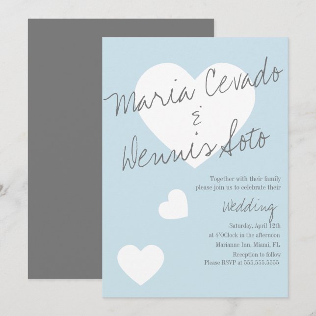 Schwimmende Herz-Schrift Hochzeit Blau Grau Einladung (Vorne/Hinten)