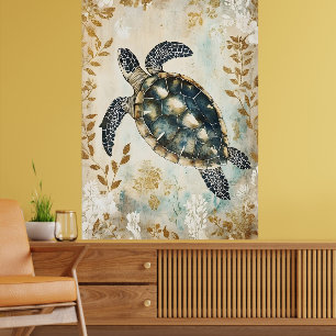 schwimmende Meeresschildkröte umgeben von floralen Poster