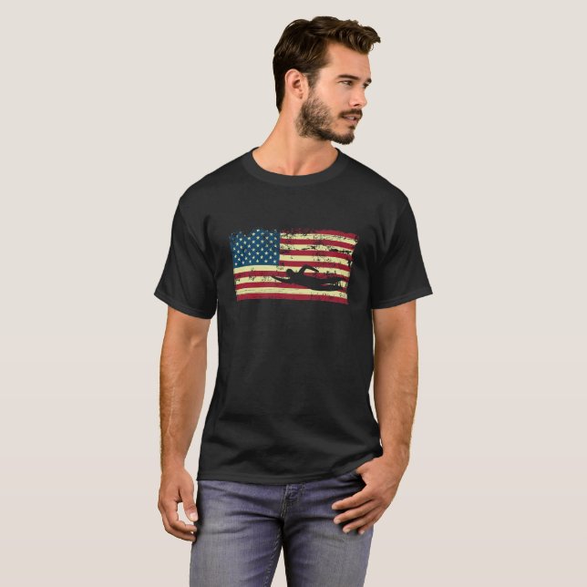 Schwimmender Schwimmen USA-Flagge-Schwimmer T-Shirt (Vorne ganz)