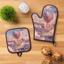 Schwimmendes Herz der Liebesbrief-Design-Postkarte Ofenhandschuh & Topflappen-Set