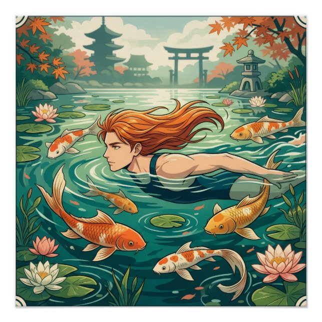 Schwimmer im Koi-Teich Poster (Vorderseite)