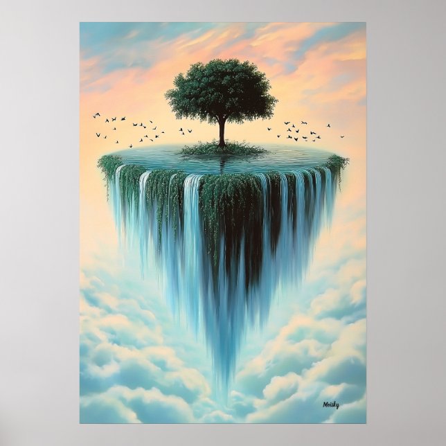 Schwimminsel mit Bäumen und Wasserfällen - Surreal Poster (Vorne)